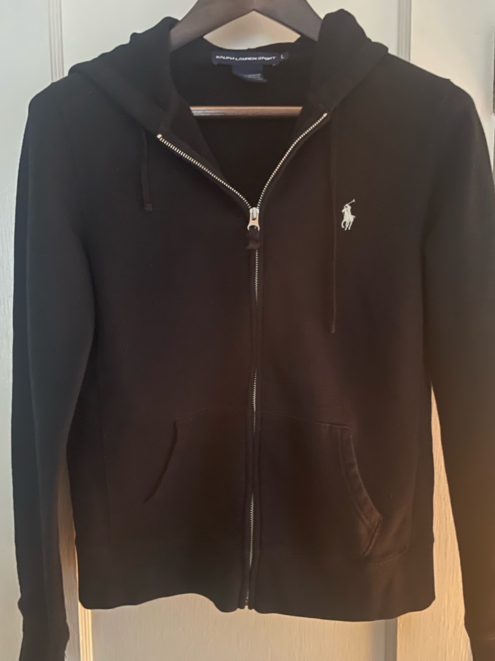 Ralph Lauren Sport Black Zip Hoodie Pockets Polo Pony Logo Womens Large Vintage - Picture 2 of 10